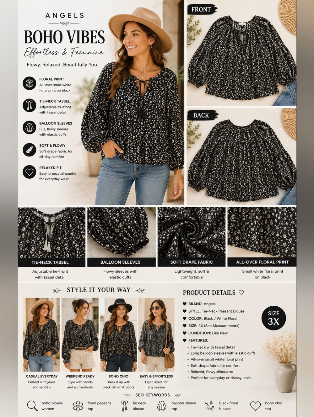 Angels Black White Floral Peasant Blouse Tie Neck Balloon Sleeve Plus 3X